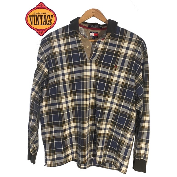 🎉2/$30 Tommy Hilfiger Vintage Plaid LongSleeve Polo Shirt Men's Large Pullover - Picture 2 of 14